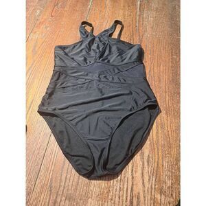 Size 12 Bleu Rod Beattie Black Mesh Criss Cross Front Swimsuit Bathing Suit